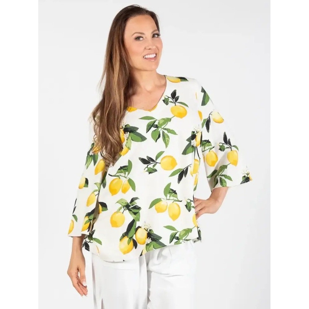 Pure Essence Lemon Print Blouse Women Small White NWT Linen Blend Cottagecore